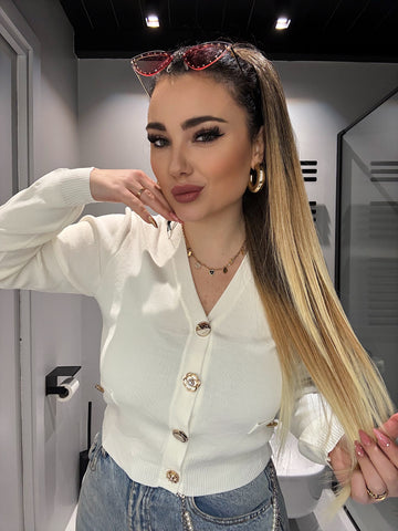 Maglioncino bianco a V con bottoni gioiello - R.a. Boutique