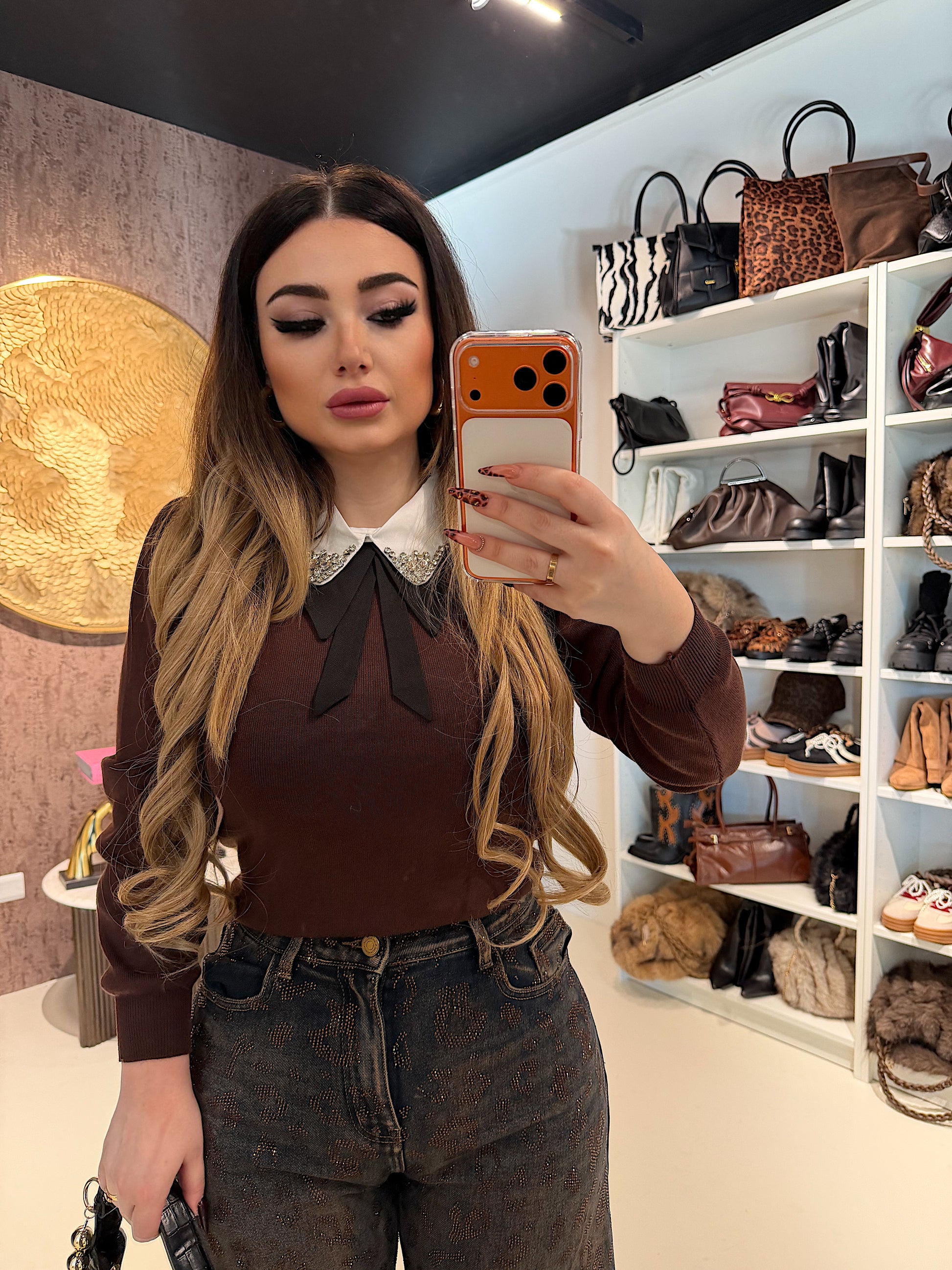 Maglioncino con colletto strass e fiocco - R.a. Boutique