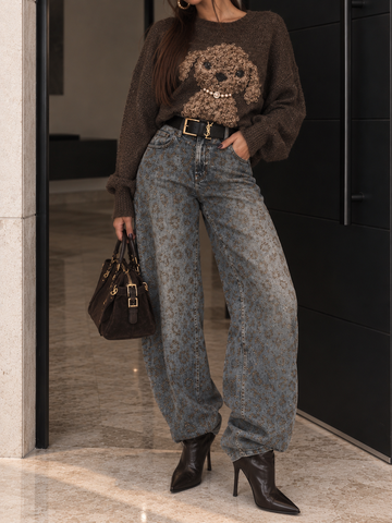 Jeans Balloon Fit con Stampa Animalier e Strass - R.a. Boutique