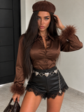 Camicia Satin Chic con Polsini Piume Marrone Cioccolato - R.a. Boutique