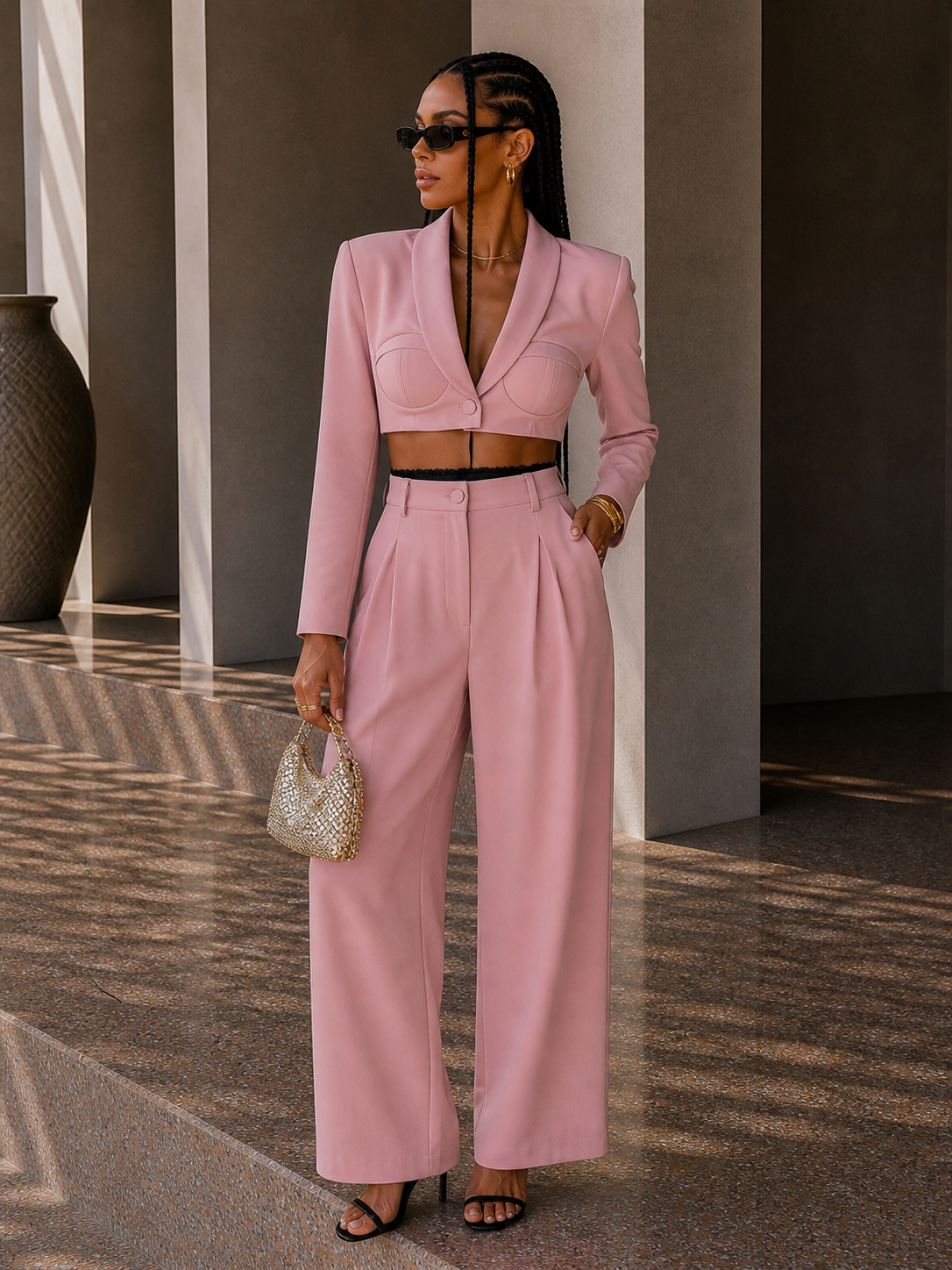 Tailleur giacca e pantalone rosa con dettaglio nero in pizzo - R.a. Boutique