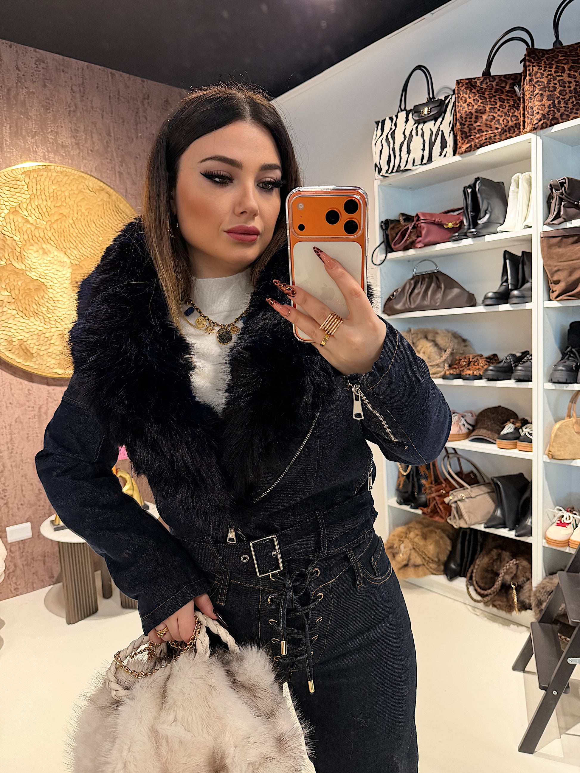 Giacca Denim Luxury Fur Navy - R.a. Boutique