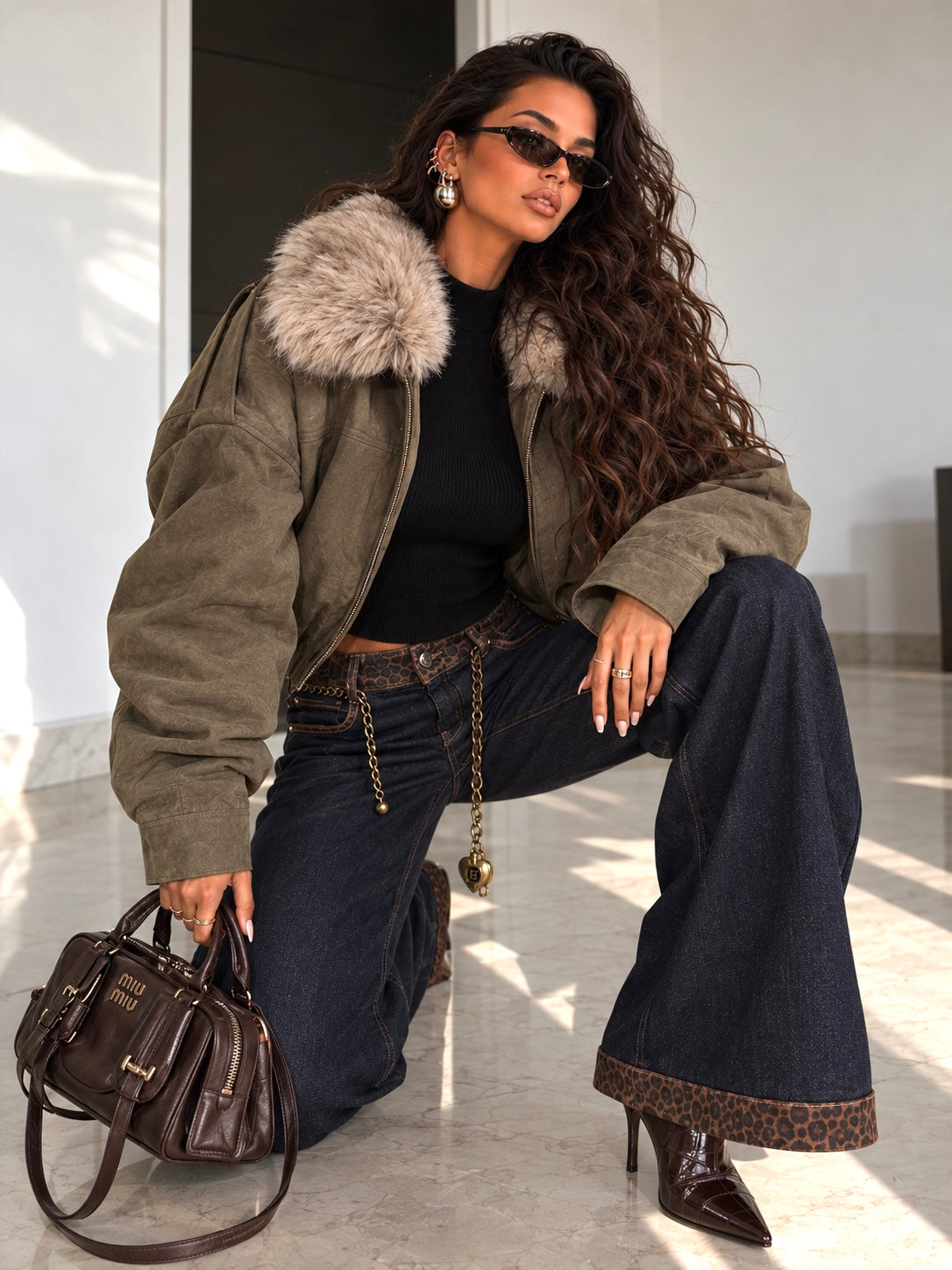 Jeans Palazzo con Dettagli Leopardati e Cintura a Catena Inclusa - R.a. Boutique