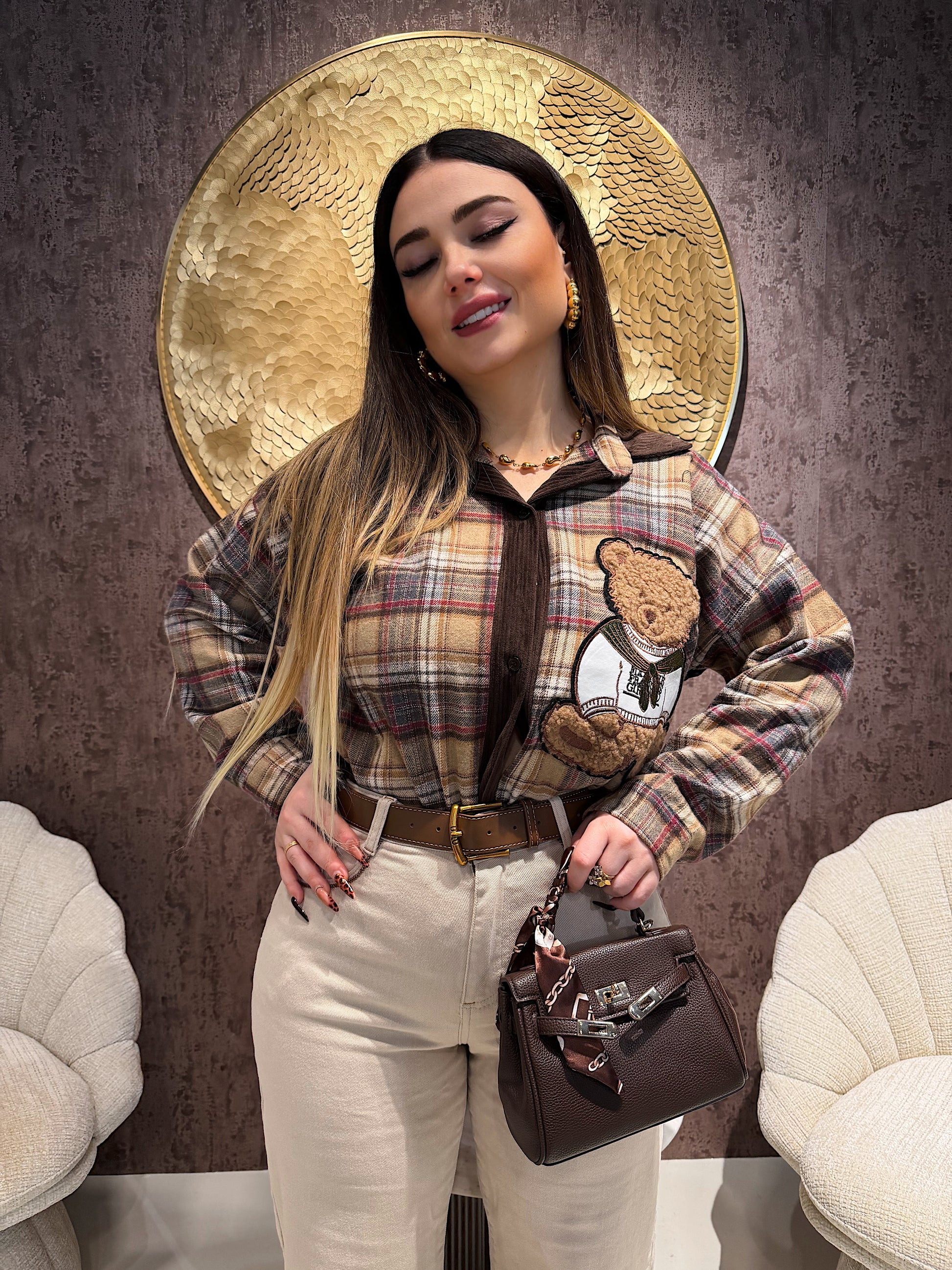 Camicia a quadri con orsetto in rilievo - R.a. Boutique