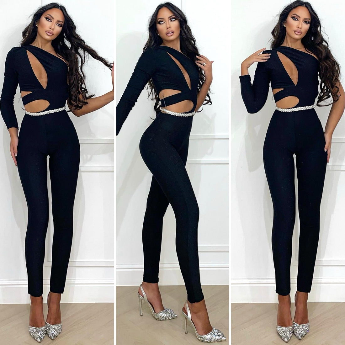 Tuta monospalla con incrocio nera lurex - R.a. Boutique