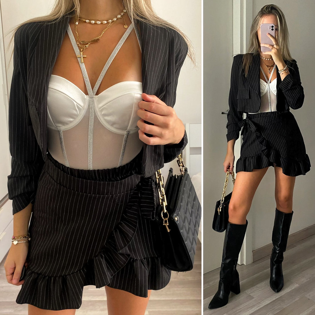 Completo giacca e gonna gessato nero - R.a. Boutique 