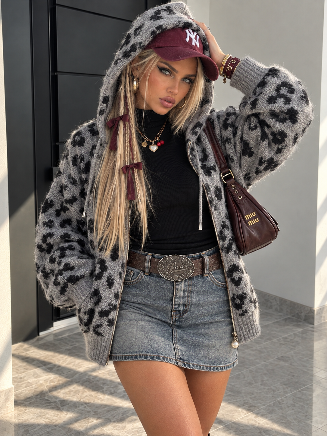Felpa Zip Cappuccio Animalier Grigio / Nero - R.a. Boutique