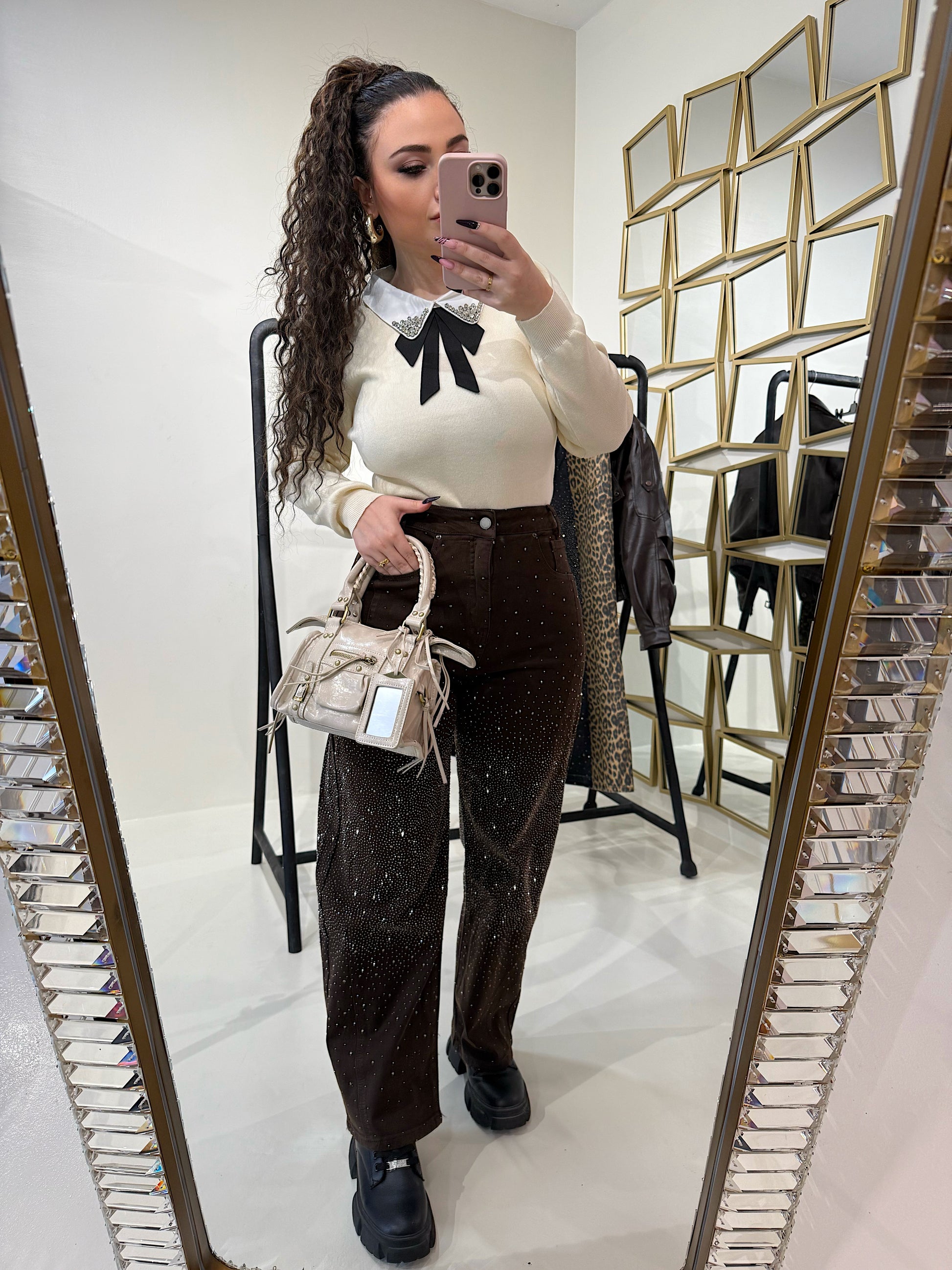 Pantalone con strass choco - R.a. Boutique