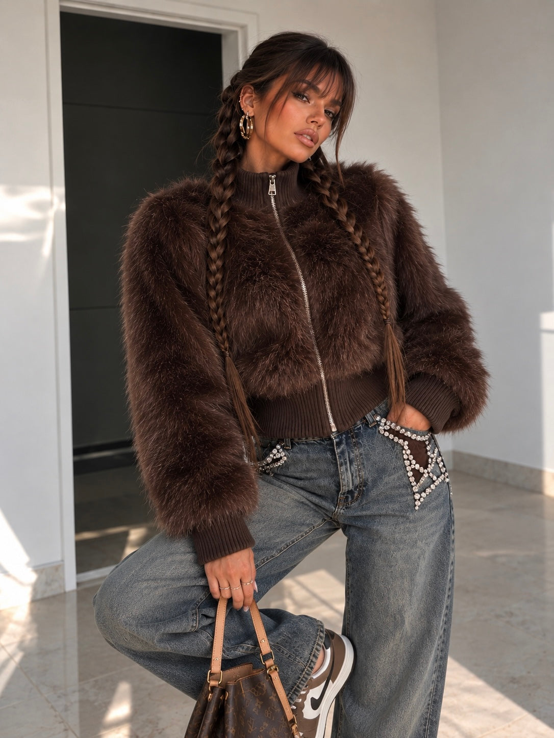 Giacca Eco Pelliccia con Zip Marrone - R.a. Boutique