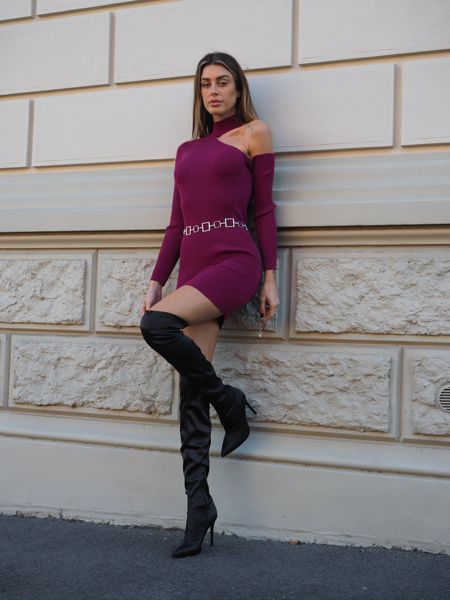Abito in maglia con spacco peonia - R.a. Boutique 