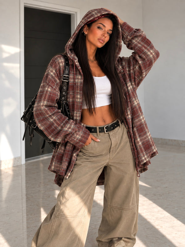 Camicia Oversize Mocha bordeaux con Cappuccio