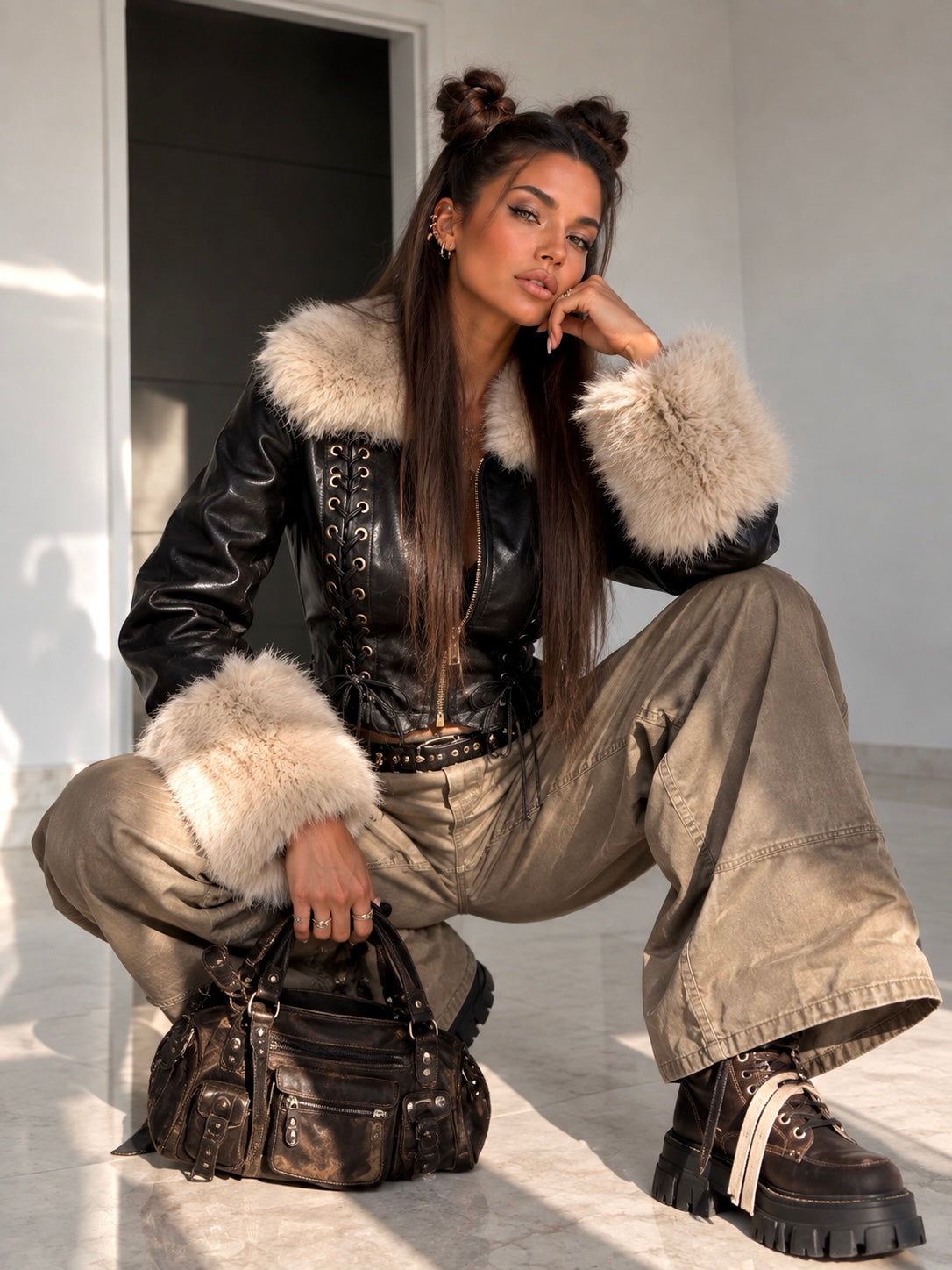 Giacca Corta con Lacci, Collo e Polsi in Pelo - R.a. Boutique