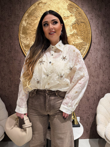 Camicia Ricamata Floreale con Dettagli Gioiello - R.a. Boutique