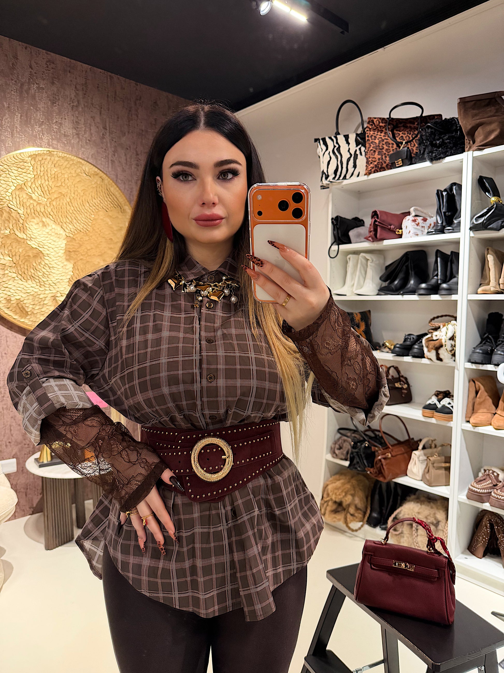 Camicia a quadri con polsino in pizzo - R.a. Boutique