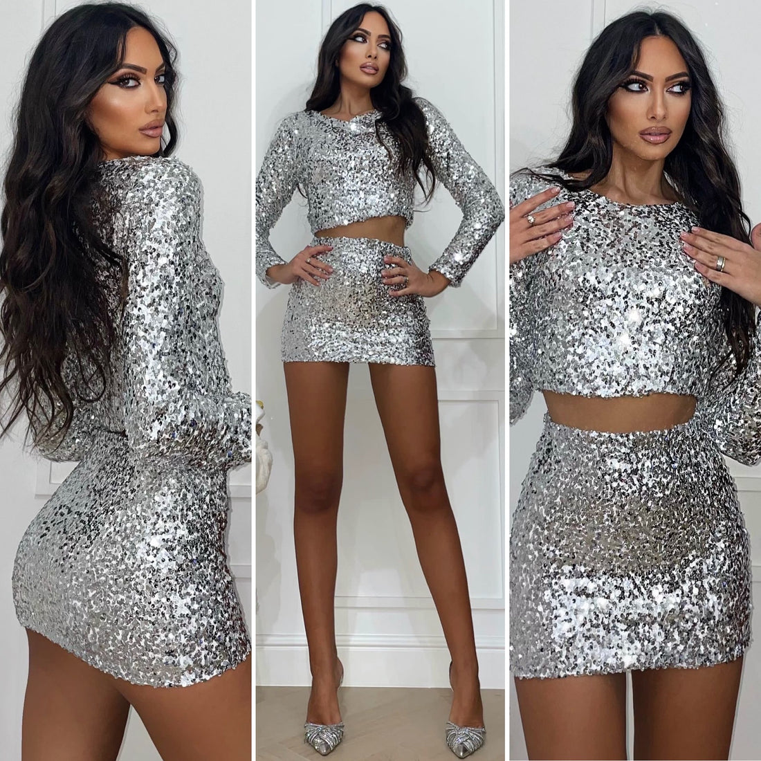 Completo top più gonna in paillettes silver - R.a. Boutique 