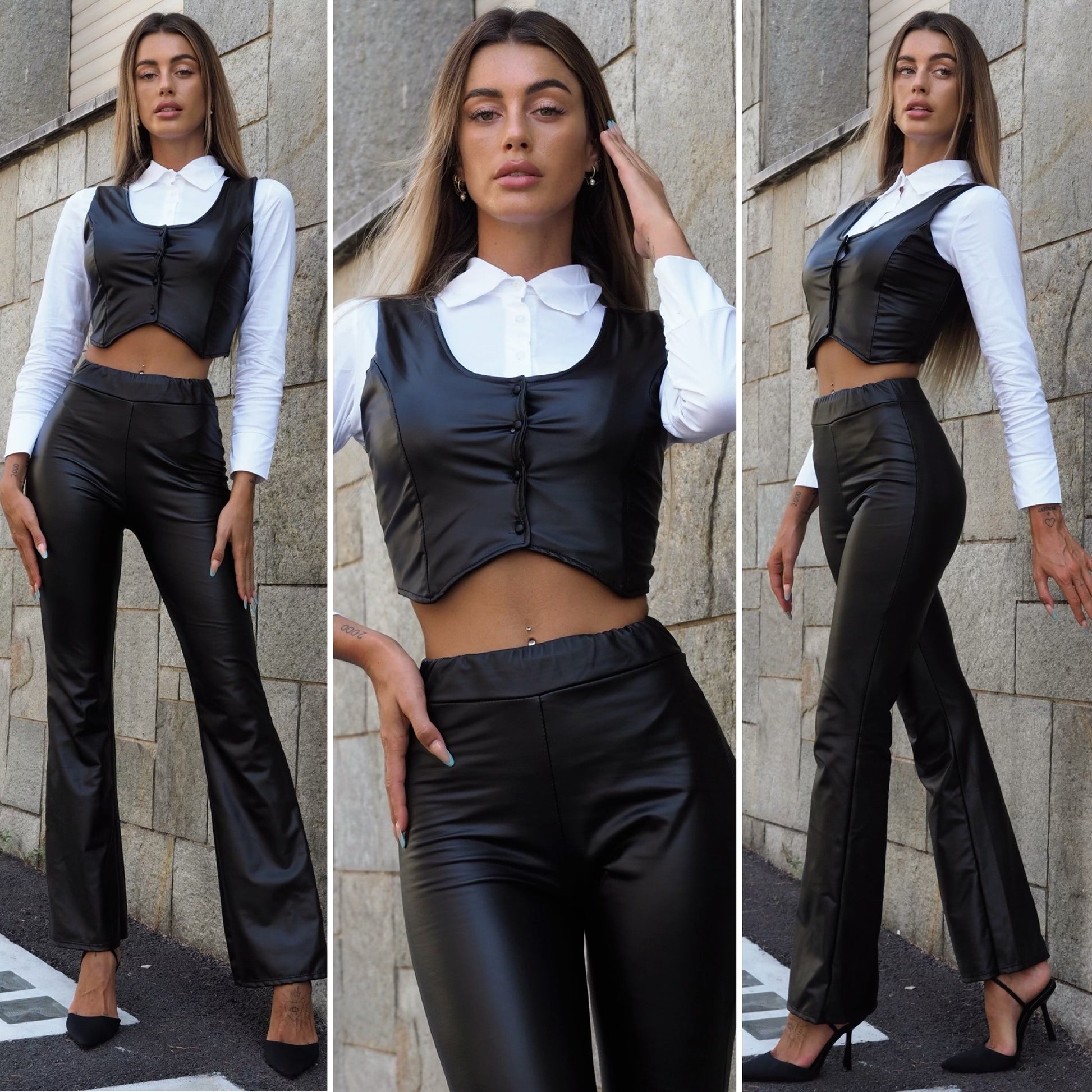 Completo smanicato e pantalone ecopelle - R.a. Boutique 