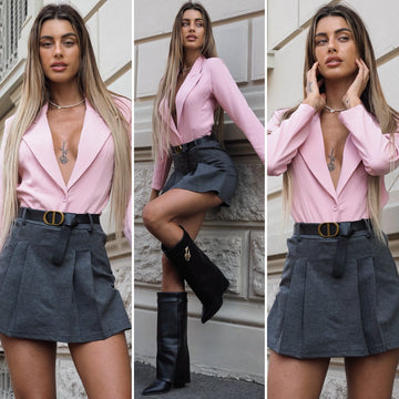 Gonna a pieghine con cintura grigio - R.a. Boutique 