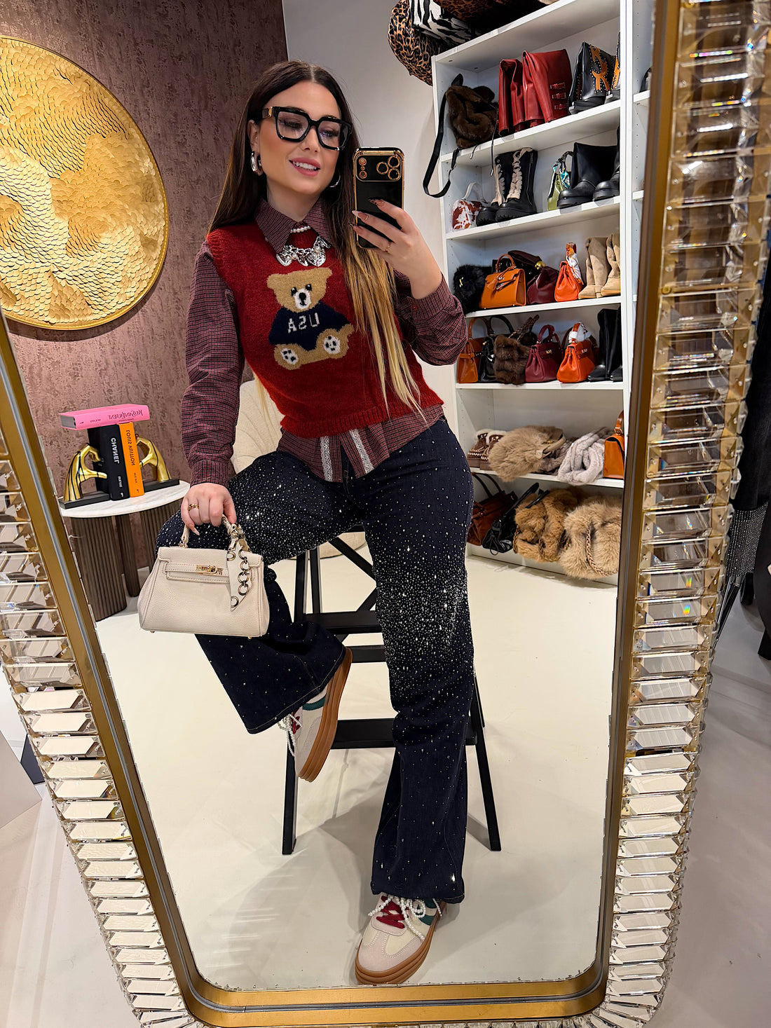 Jeans a Vita Asimmetrica Twist Up con brillantini