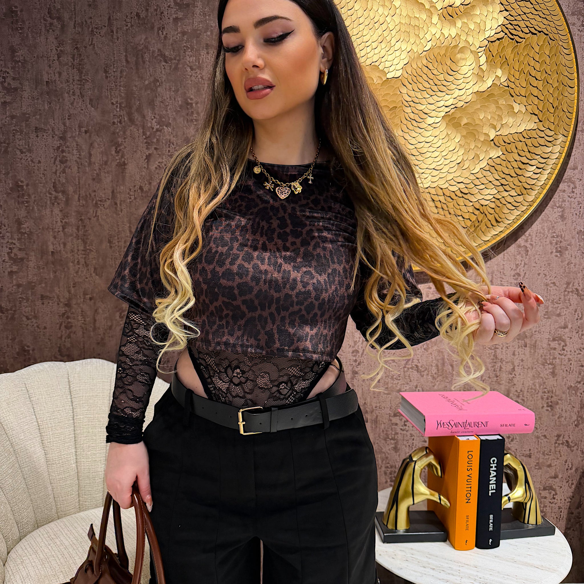 Body maculato con manica in pizzo