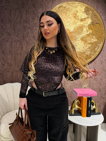 Body maculato con manica in pizzo