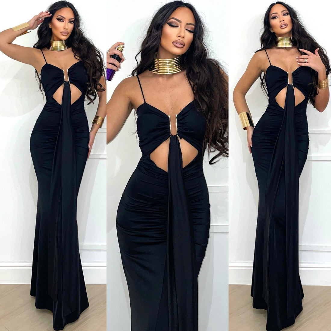 Abito lungo nero scollo a U e fusciacca - R.a. Boutique