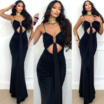 Abito lungo nero scollo a U e fusciacca - R.a. Boutique