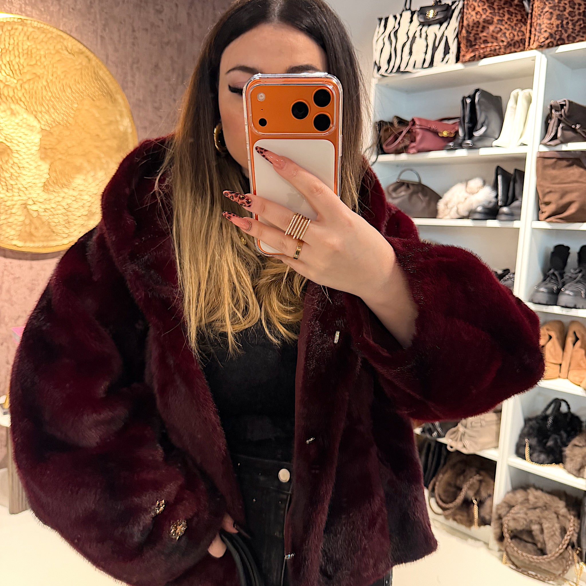 Giacca Pelliccia Elegance bordeaux e marrone - R.a. Boutique