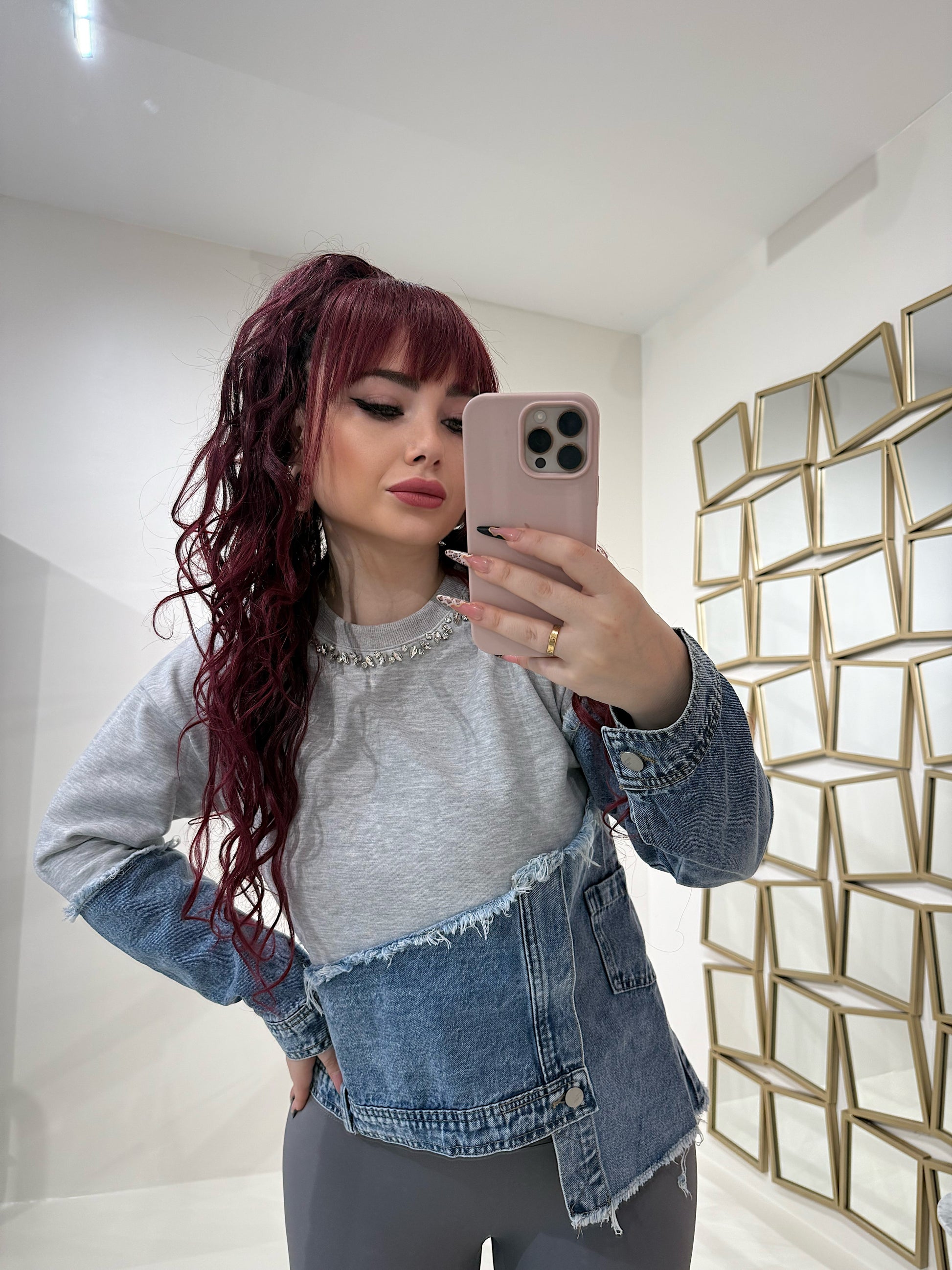 Felpa in jeans con strass - R.a. Boutique