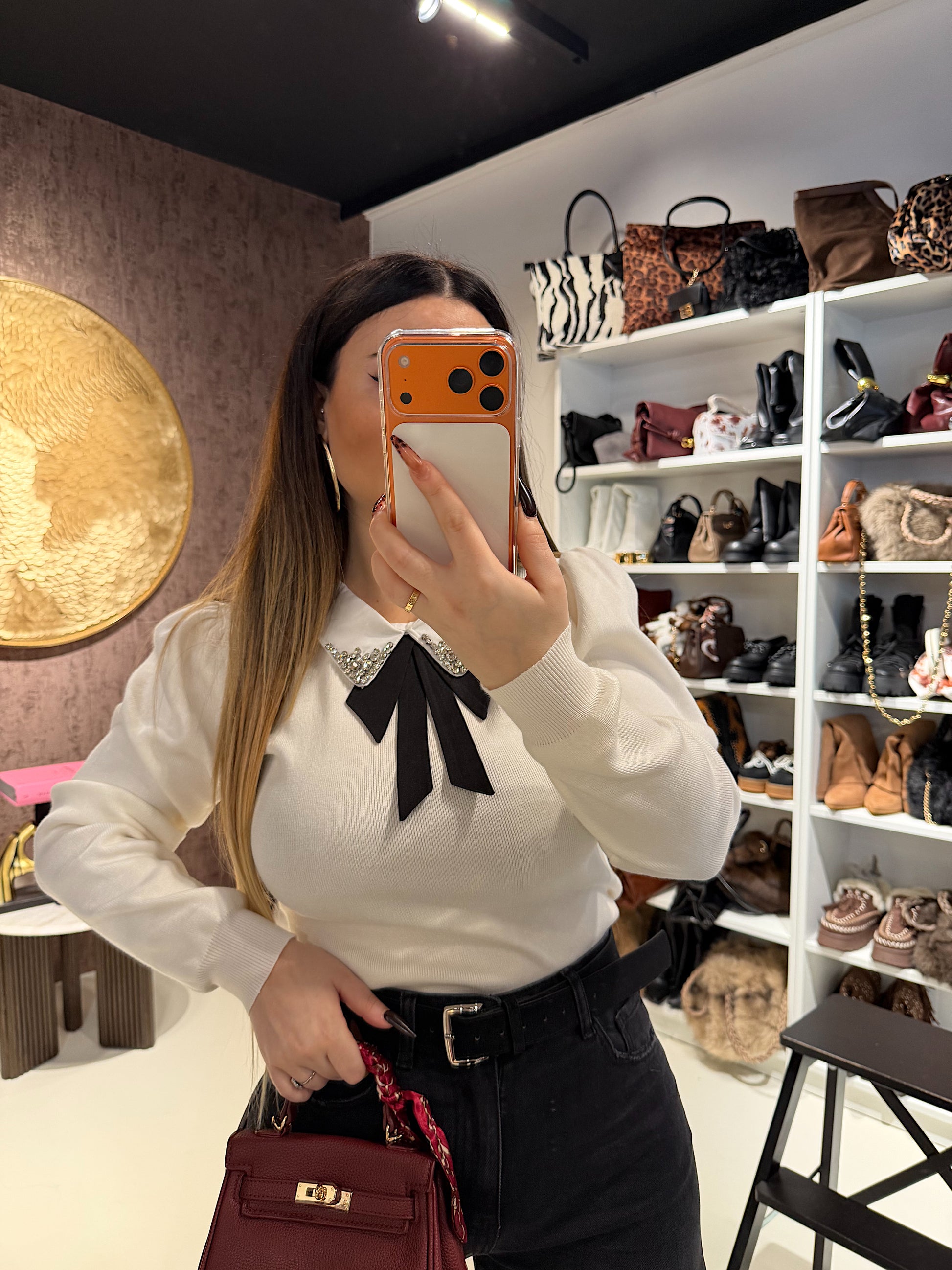 Maglioncino con colletto strass e fiocco - R.a. Boutique