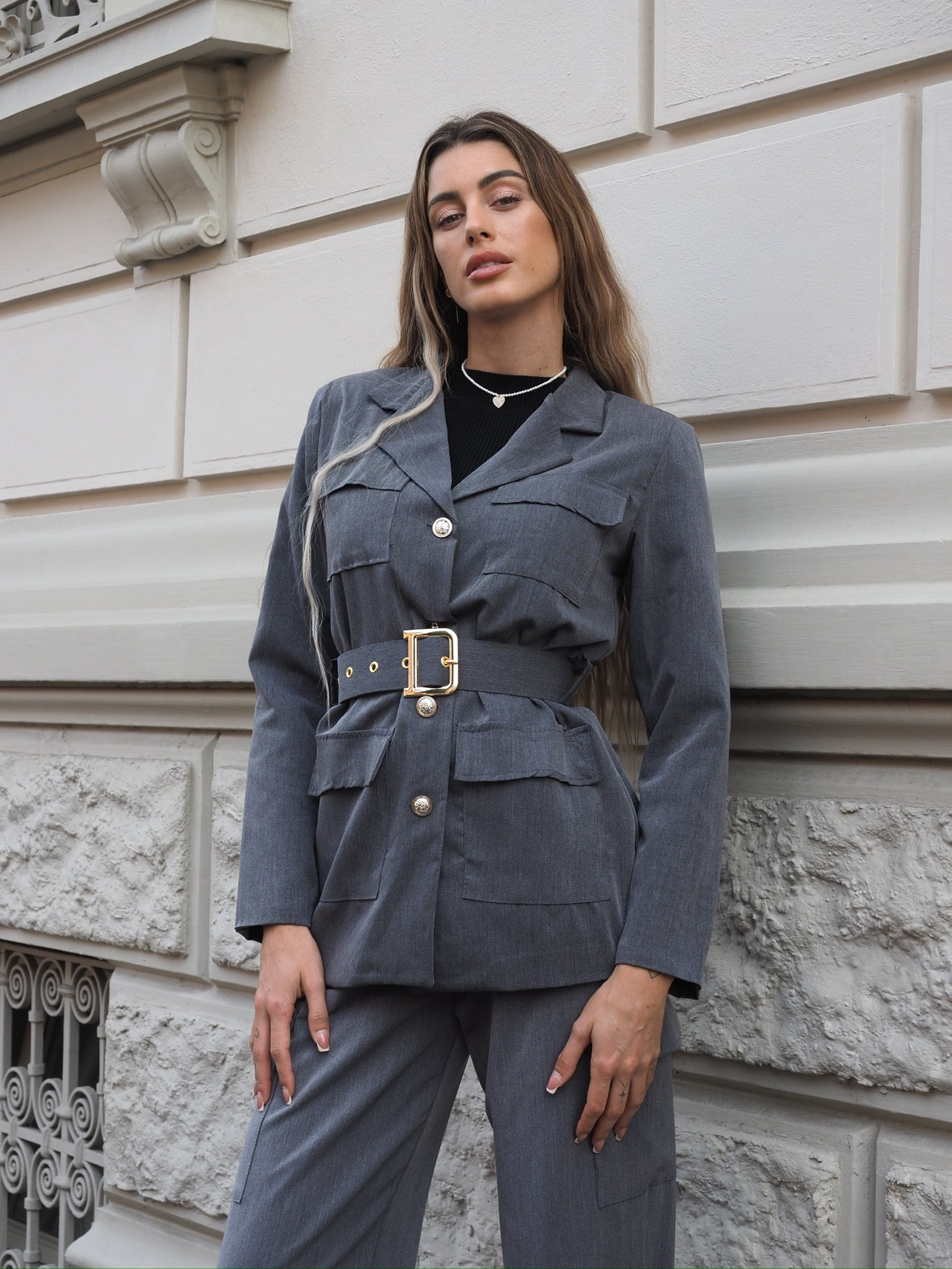 Blazer grigio con cintura - R.a. Boutique 