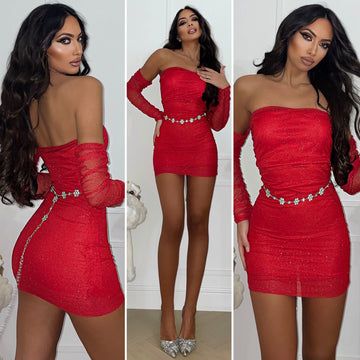 Abito glitter con manicotti rosso - R.a. Boutique 