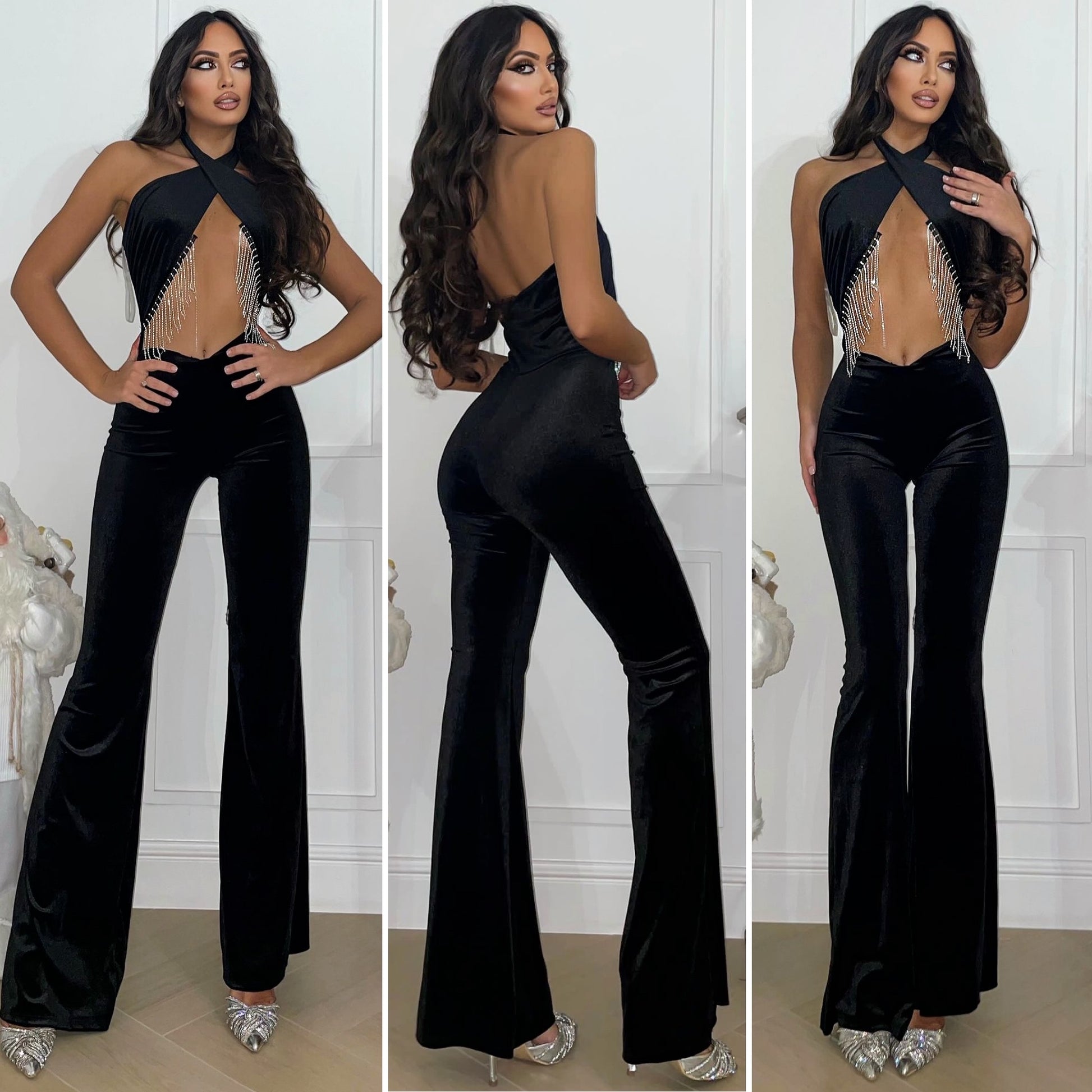 Tuta nero con incrocio e frange in strass - R.a. Boutique 