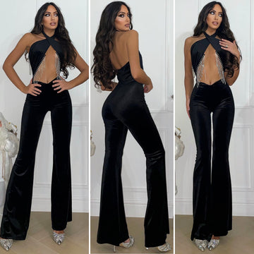 Tuta nero con incrocio e frange in strass - R.a. Boutique 