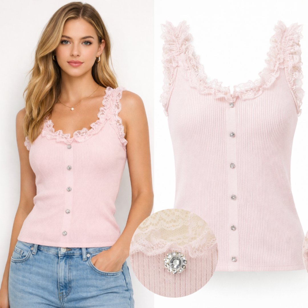 Top in pizzo con bottoni gioiello - R.a. Boutique