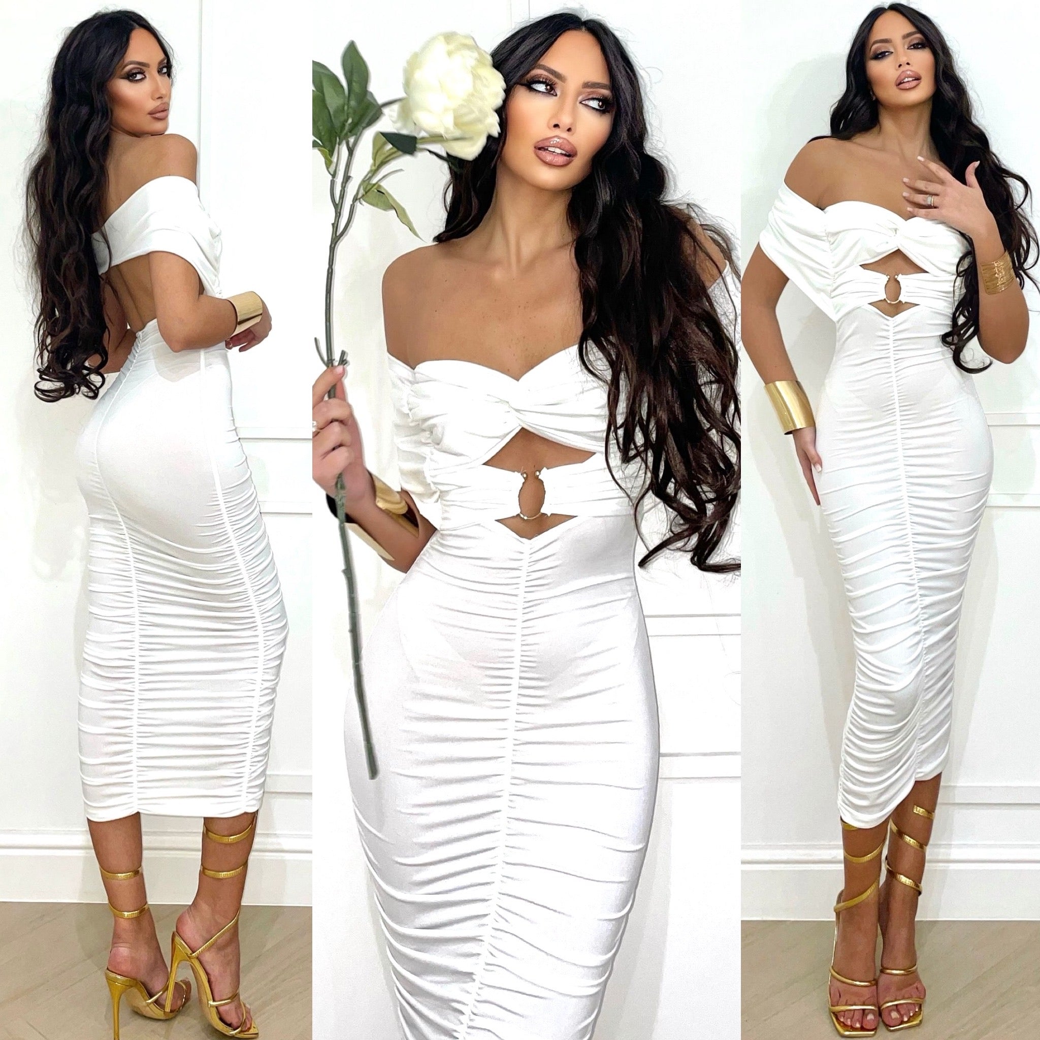 Abito midi con anello e choker al collo bianco - R.a. Boutique