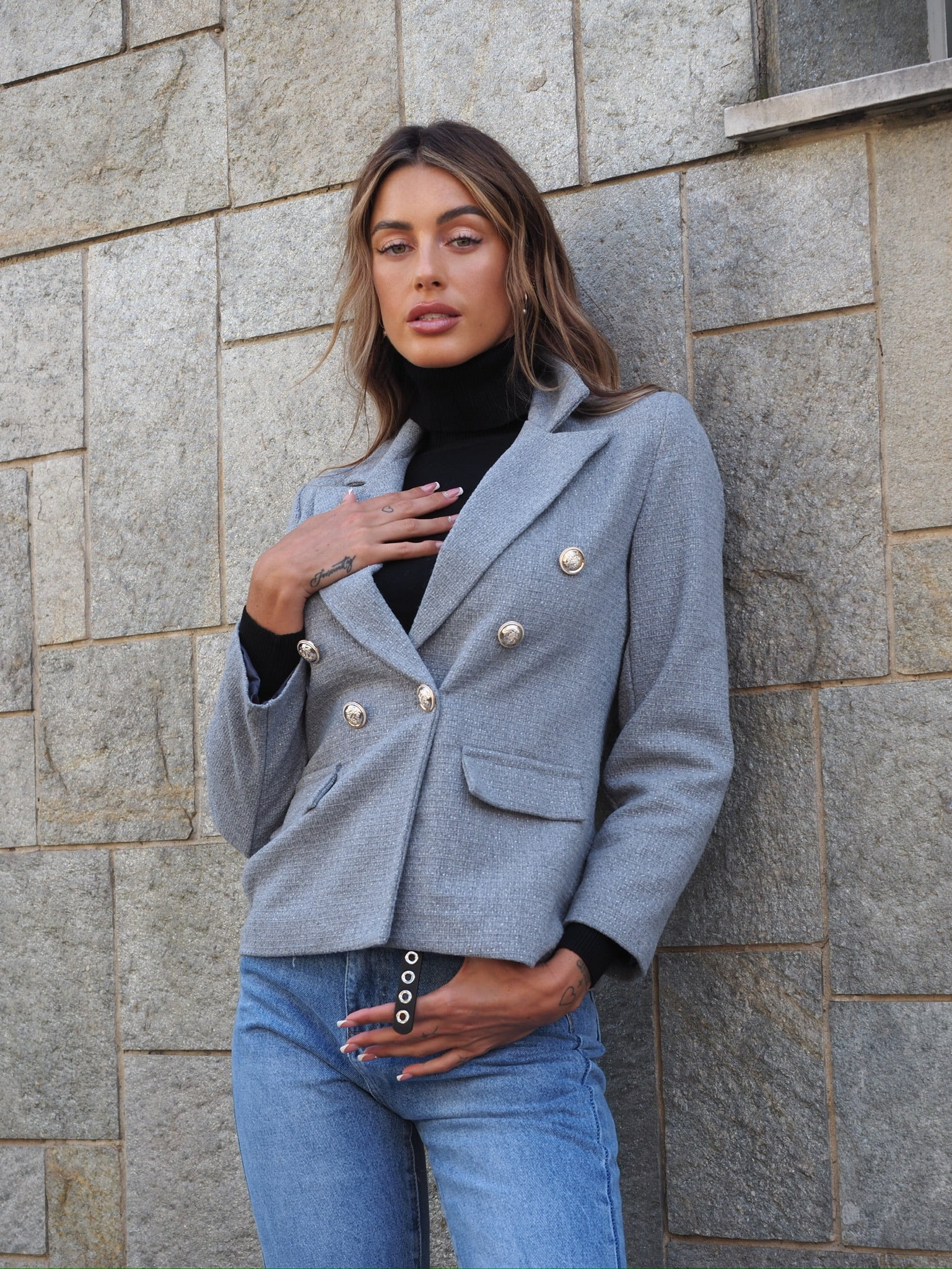 Giacca grigia con bottoni oro - R.a. Boutique 