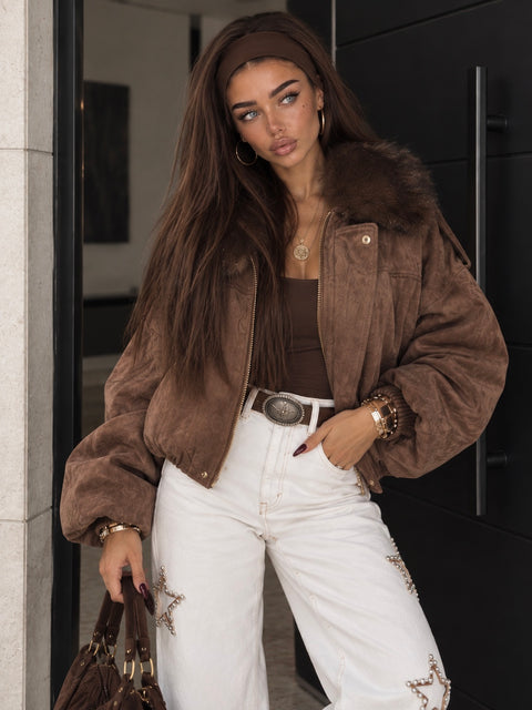 Bomber Marrone con Collo in Pelliccia