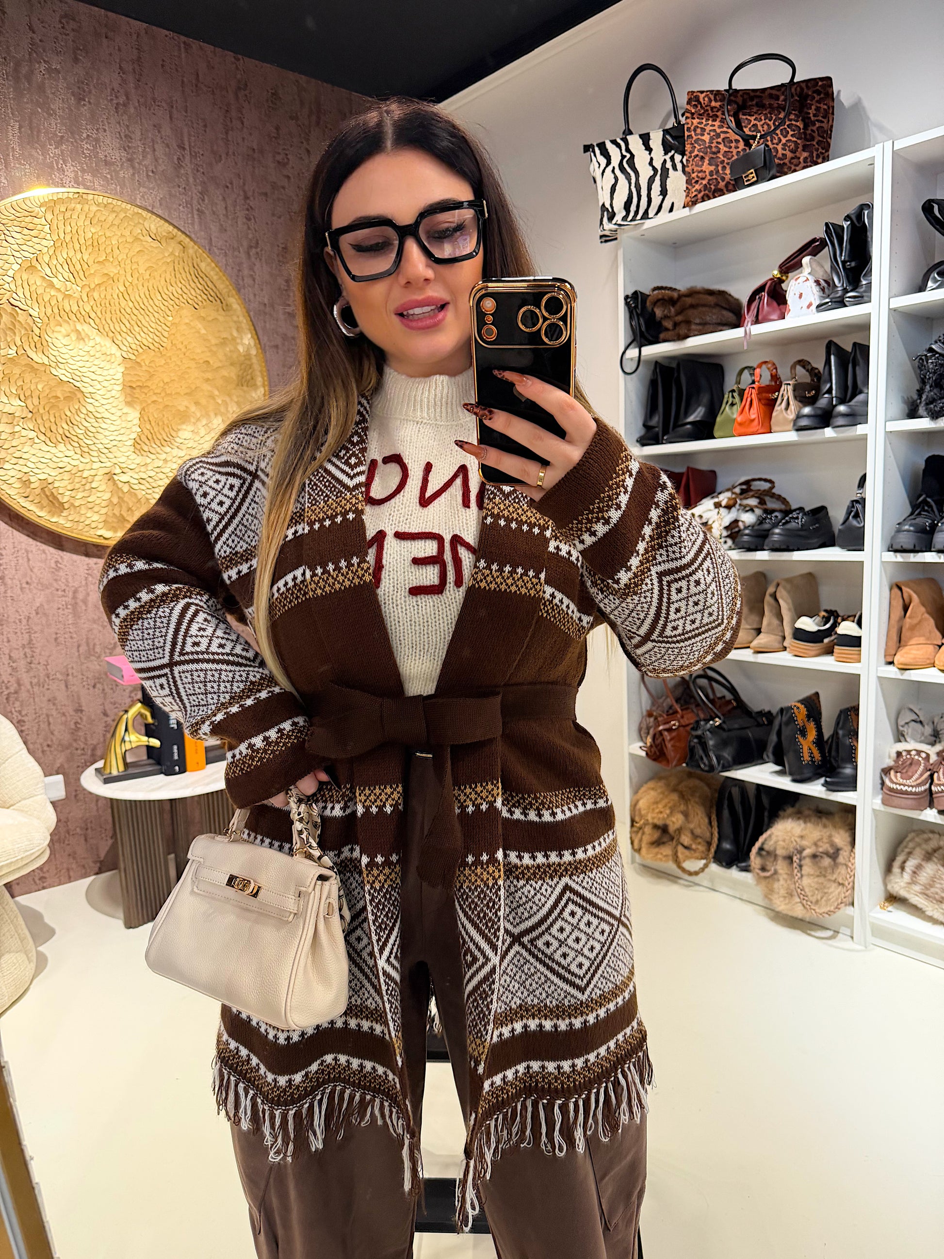 Cardigan Sierra jacquard cioccolato - R.a. Boutique