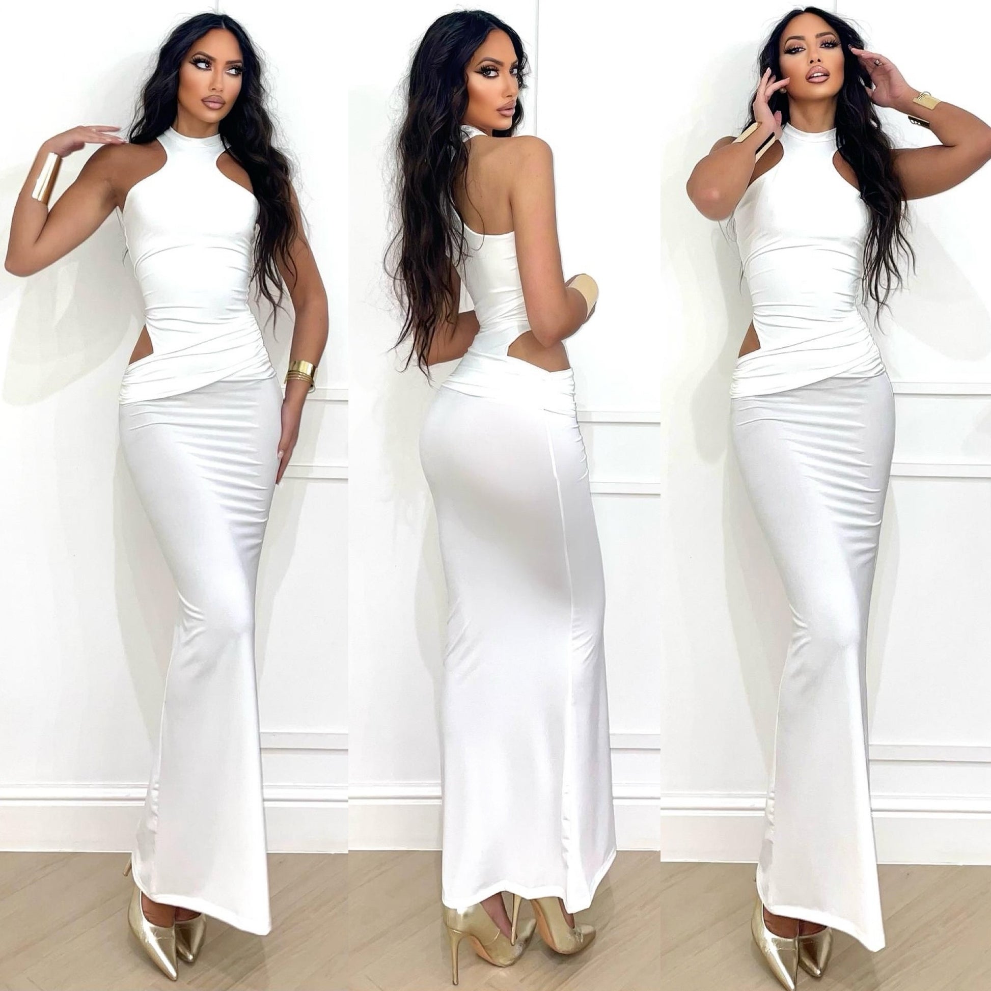 Abito lungo bianco con choker e apertura laterale - R.a. Boutique