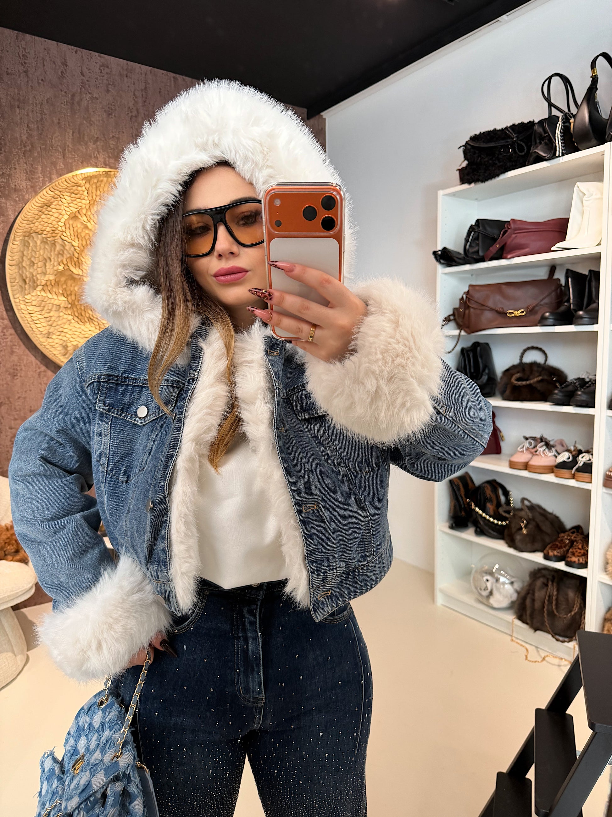 Giaccone di jeans pelo bianco - R.a. Boutique