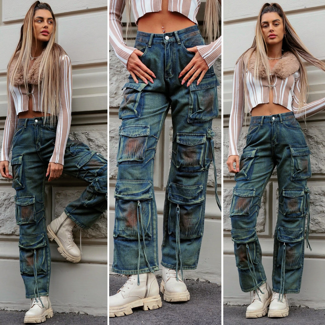 Cargo maxi con tasconi jeans macchiato - R.a. Boutique 