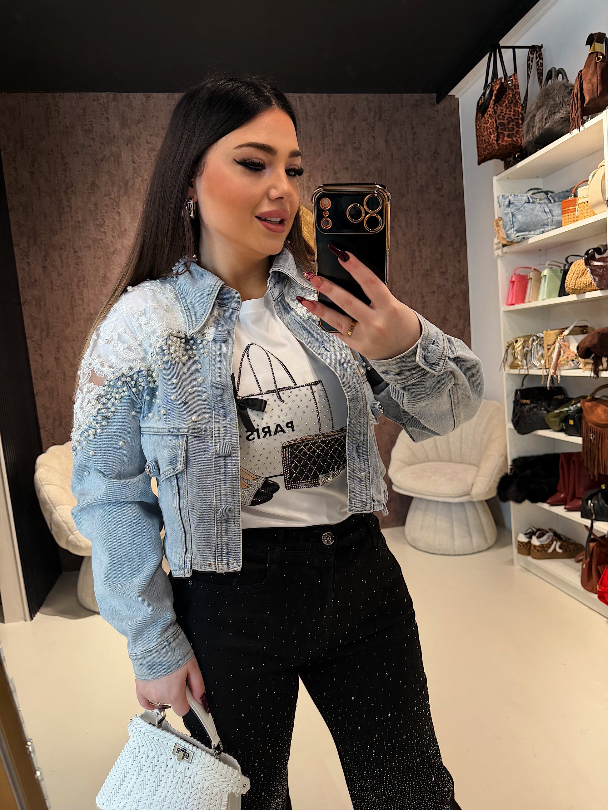 Giacca Denim Pearl Lace Cropped - R.a. Boutique