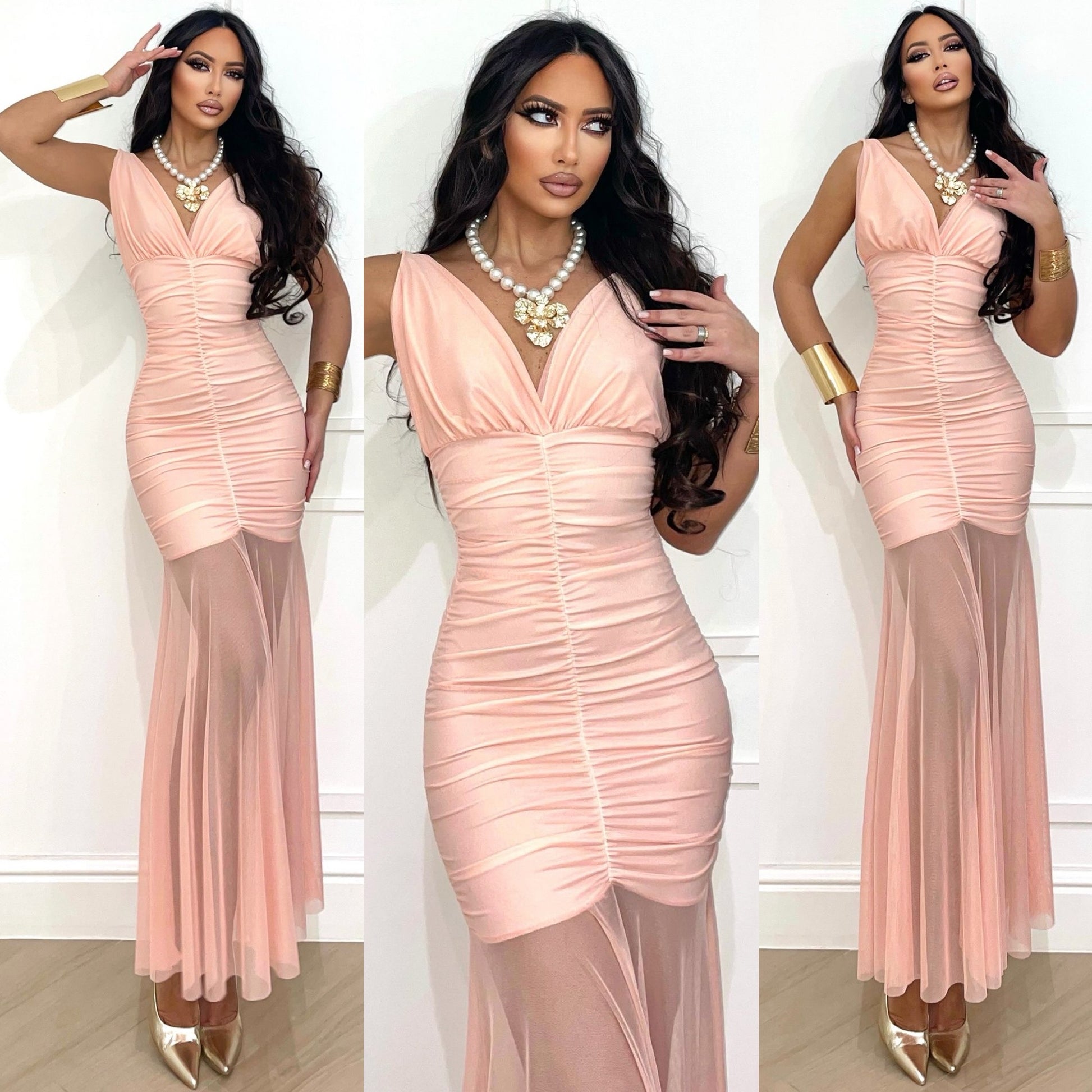 Abito lungo con gonna in velo rosa - R.a. Boutique