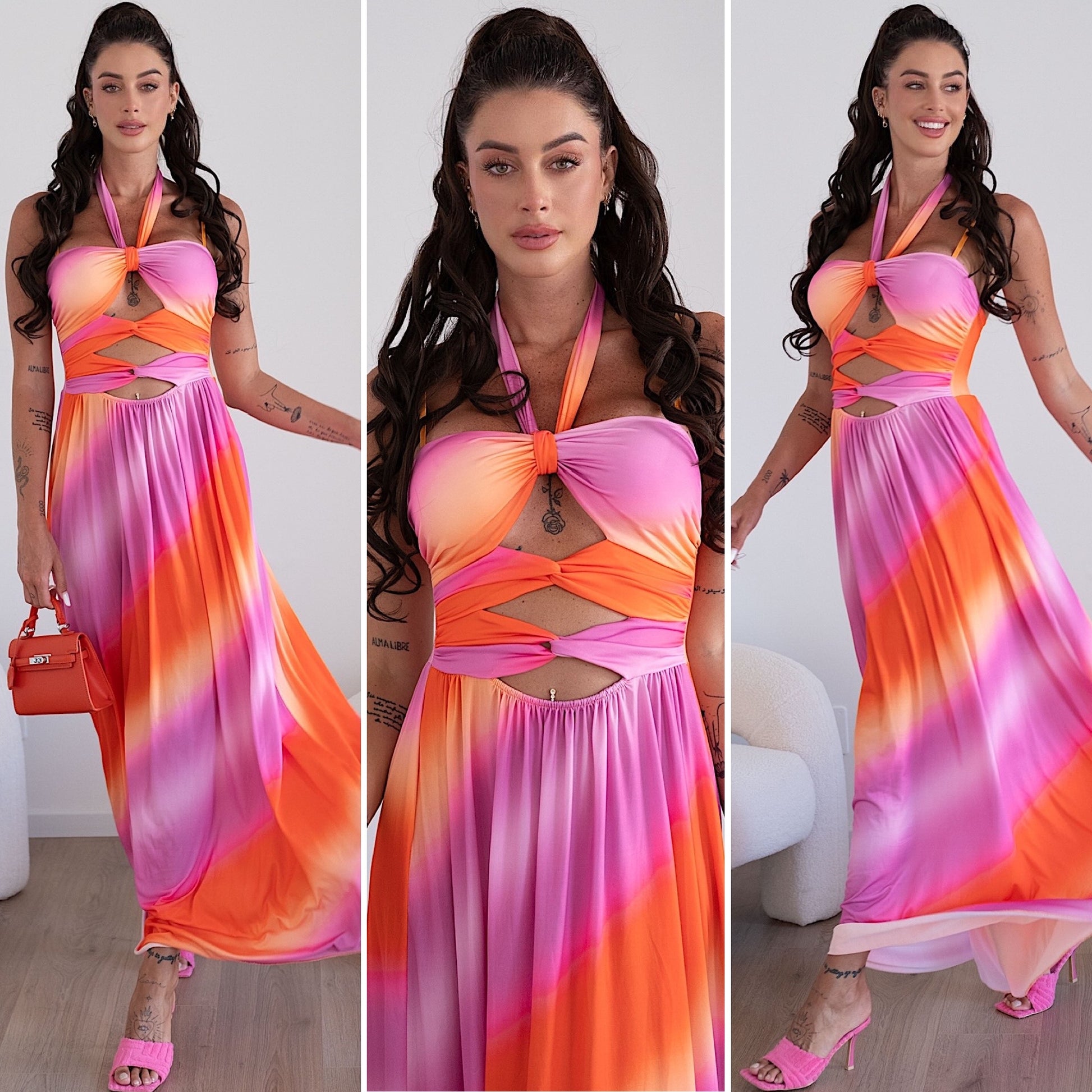 Abito lungo Fuxia arancio con incrocio - R.a. Boutique 