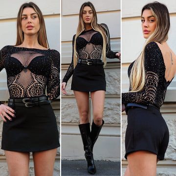 Body a rete con strass e ricamo - R.a. Boutique 