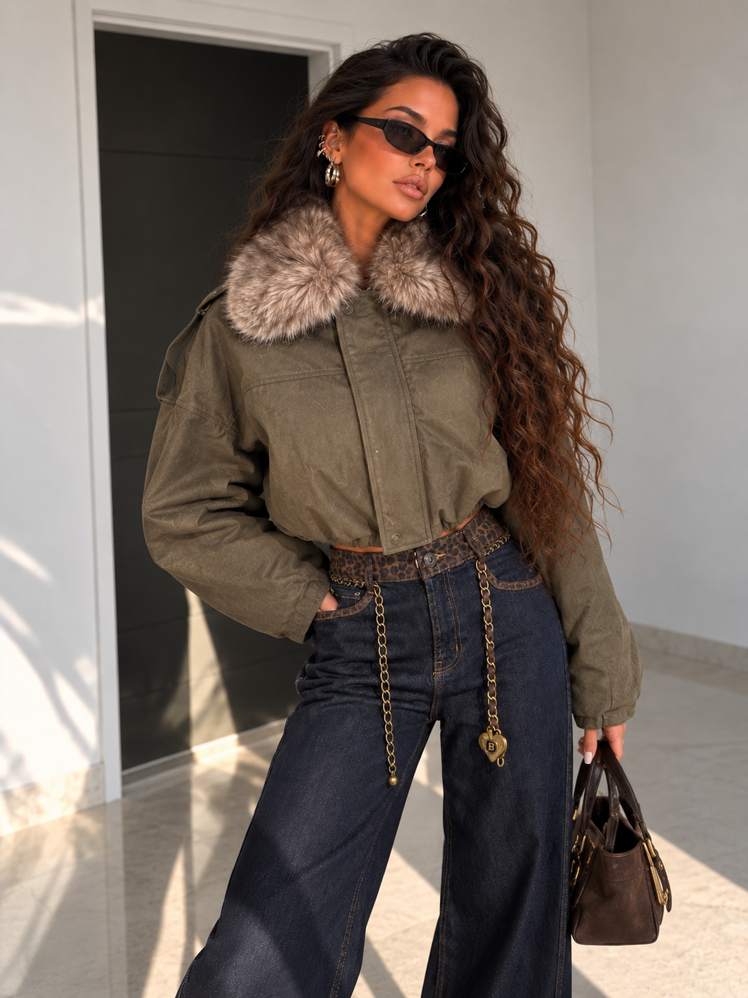 Bomber Verde Oliva Foderato con Collo in Pelliccia Removibile - R.a. Boutique