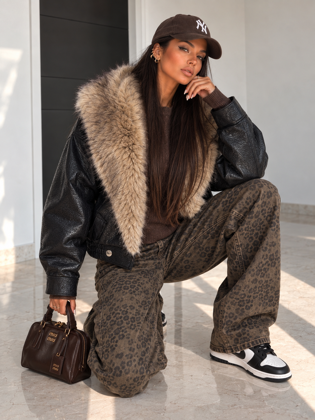 Bomber Nero Effetto Pelle con Maxi Collo Effetto Pelliccia - R.a. Boutique