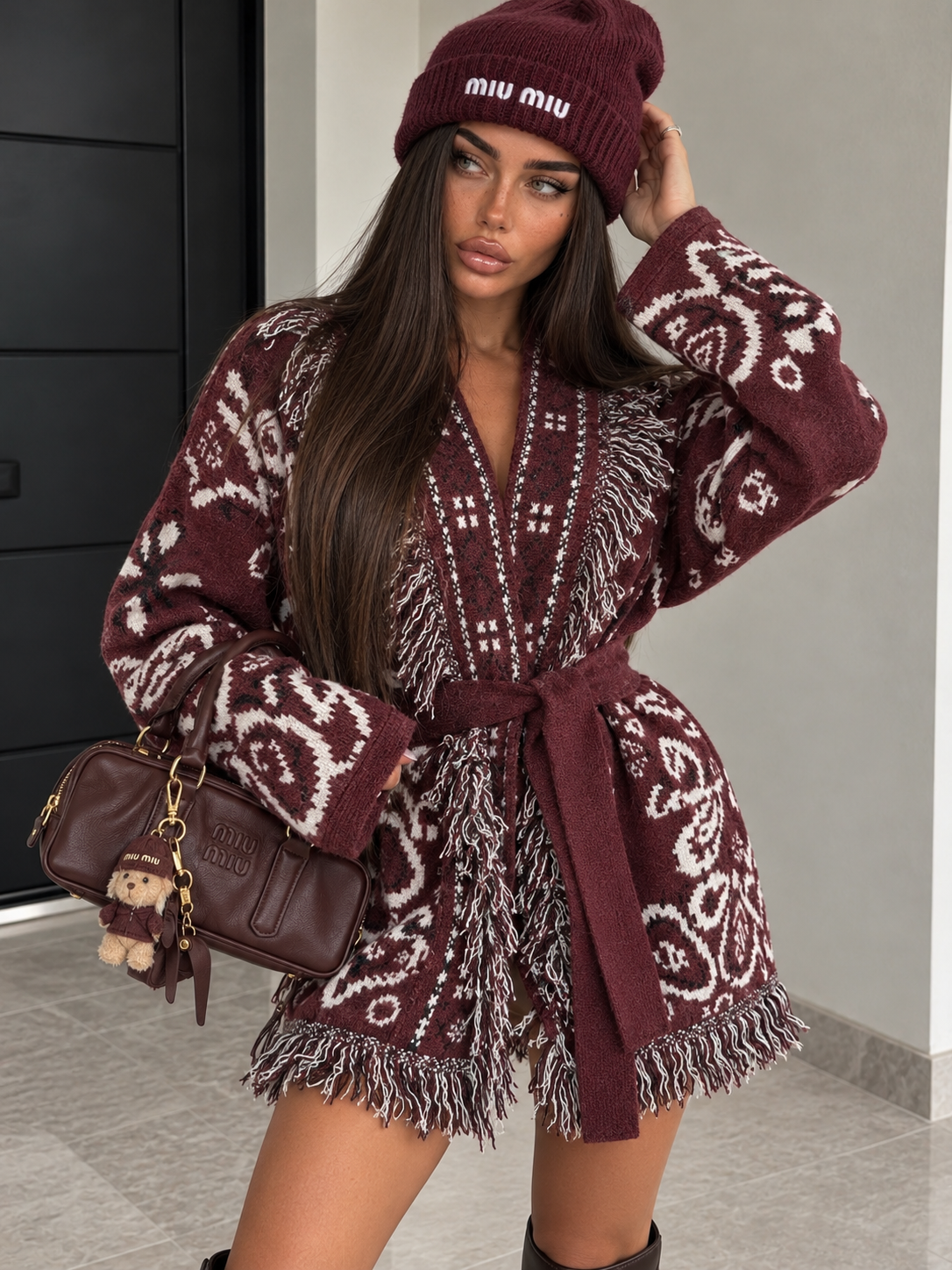 Cardigan Bandana con Frange e Cintura – Bordeaux - R.a. Boutique