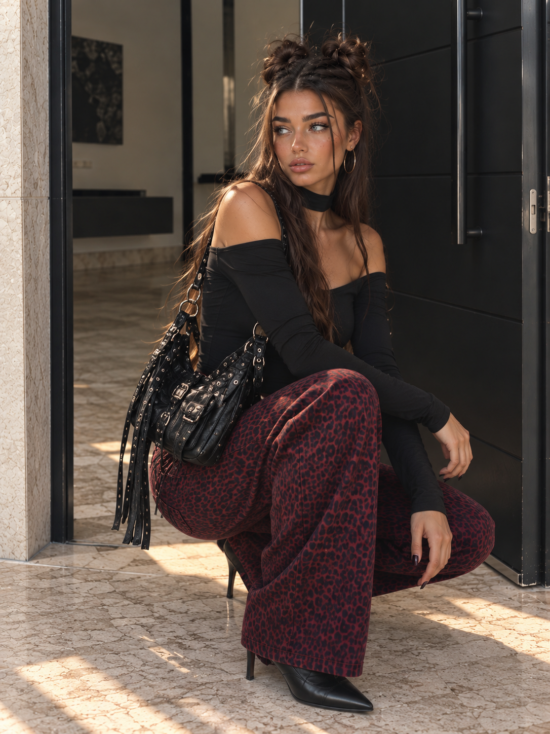 Jeans Palazzo Leopardato Bordeaux - R.a. Boutique