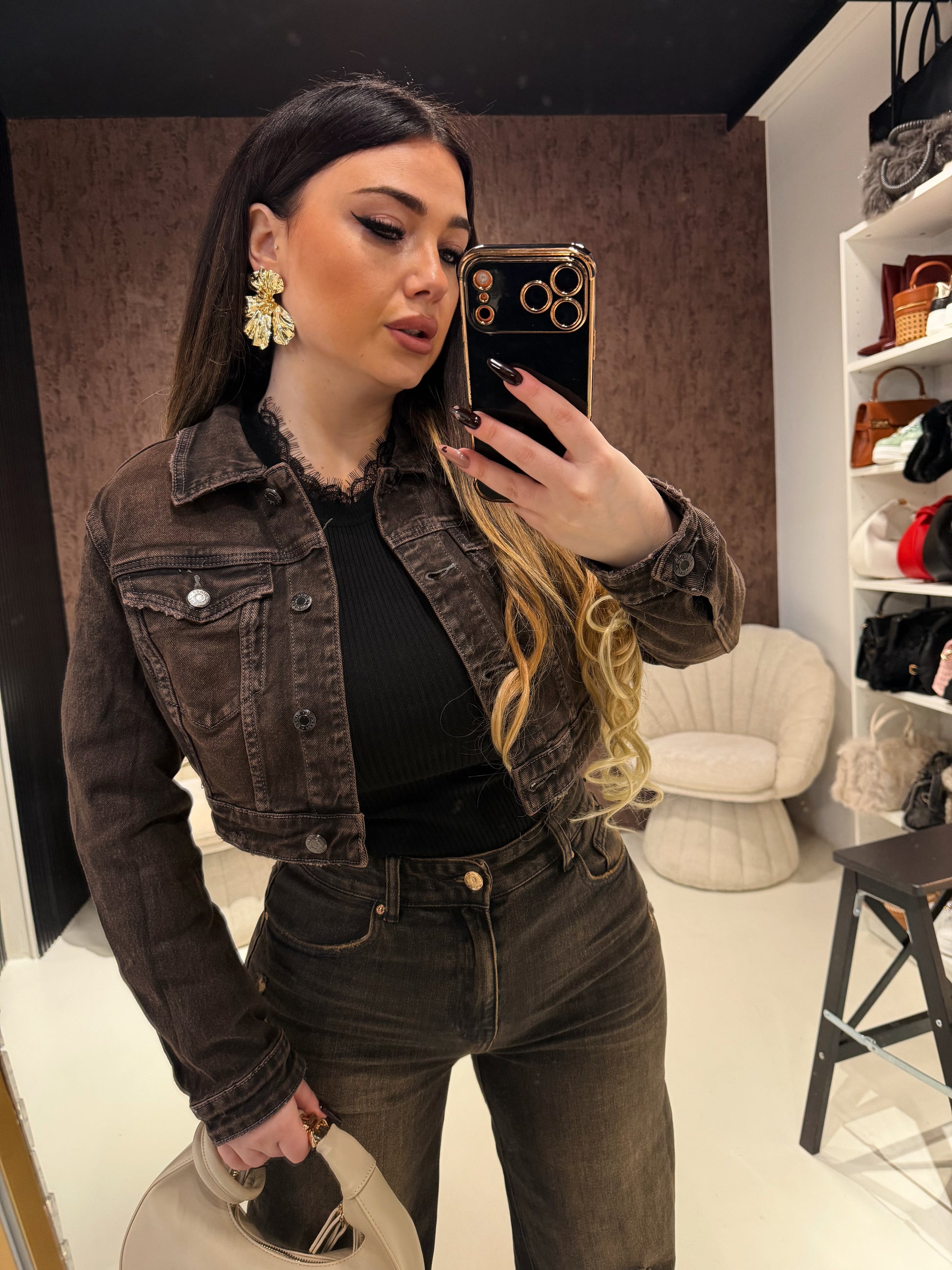 Completo Denim Dark Brown – Giacca Crop & Pantalone Flare - R.a. Boutique